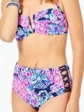 Lilly Pulitzer Rumy Lattice Side High Waist Bikini Bottom Navy Turtle Amazement